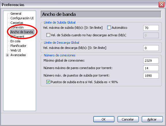 configurar ancho banda utorrent