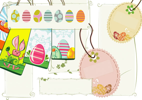 Vista de diversas opciones de etiquetas con ornamentos, huevos de pascua y tarjetas con conejos.