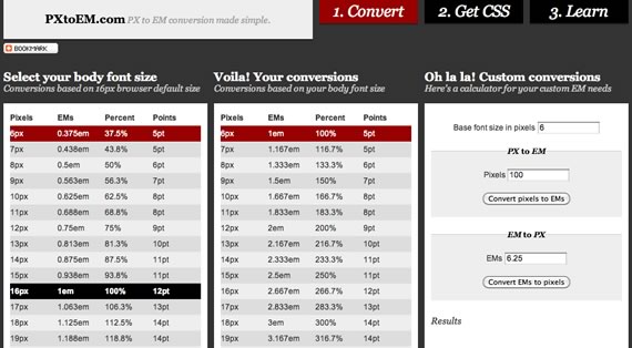 Tabla de opciones de tamaños tipográficos, conversión px a em y em a px.