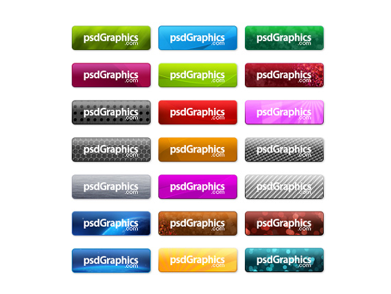 Muestrario en tres columnas de una variada colección de botones web con texturas y colores diferentes.