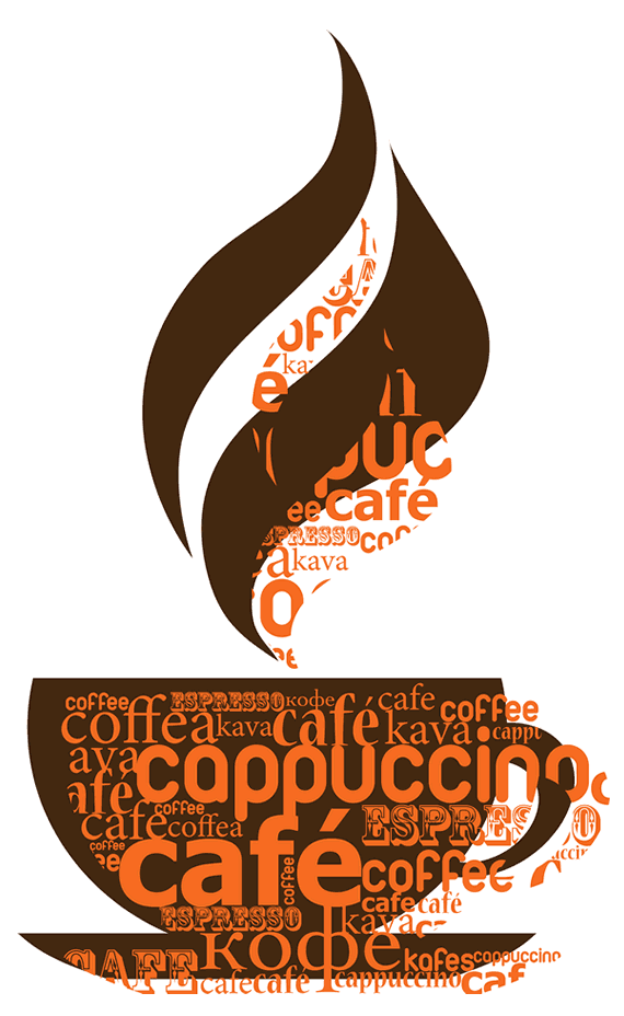 Icono de taza con humo figurativo en color marrón y tipografías varias imitando su forma en color naranja, todas palabras relacionadas con el café.