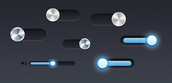 Siete controles deslizables, con diferentes brillos plateados y luces. 