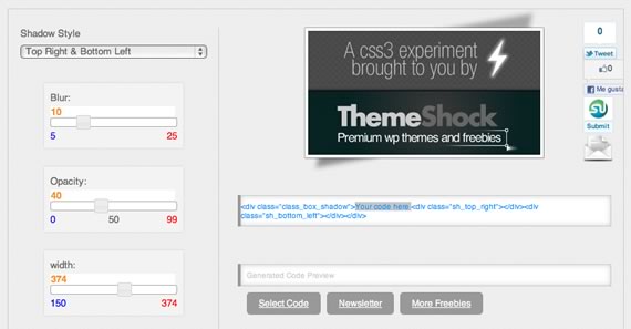 Vista previa del generador de sombras con las opciones a la izquierda una imagen de muestra a la derecha y el código resultante debajo de ella.