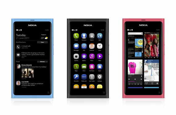 Vista previa de los tres modelos de Nokia N9: cyan, negro y magenta