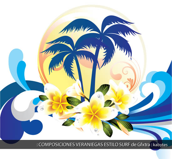 Composicion con palmeras azules sobre un sol central con olas en forma de ornamentos hacia los costados y flores hawaianas blancas destacadas