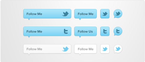 Muestrario de 12 de los 16 botones diferentes para twitter en celeste y blanco.