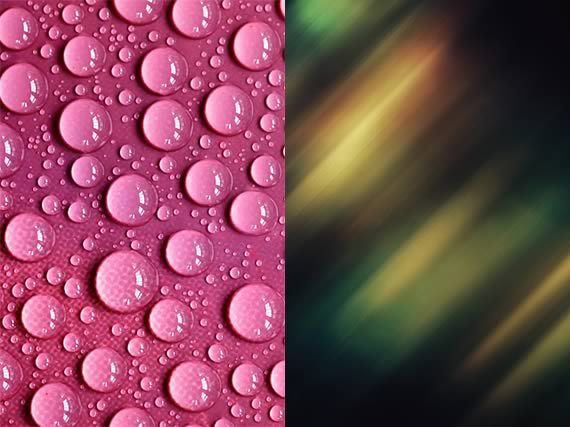 Dos wallpapers a la izquierda fondo rosa con gotas de agua, a la derecha abstracto oscuro con luces verdes y amarillos.