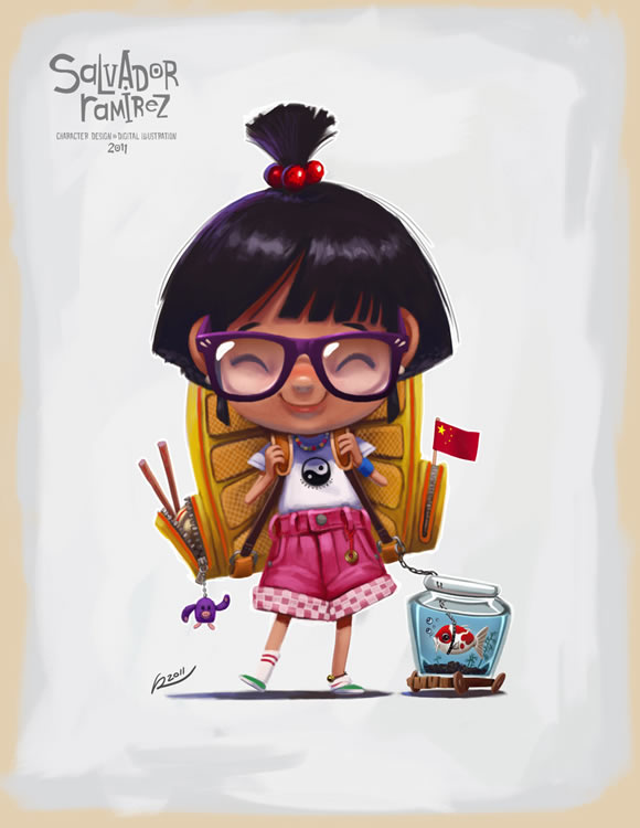 Pequeña niña china ilustrada, sonriente, con muchos detalles. De Salvador Ramirez Madriz