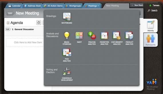 Vista previa del panel interno de yaM, sistema para organizar reuniones colaborativas