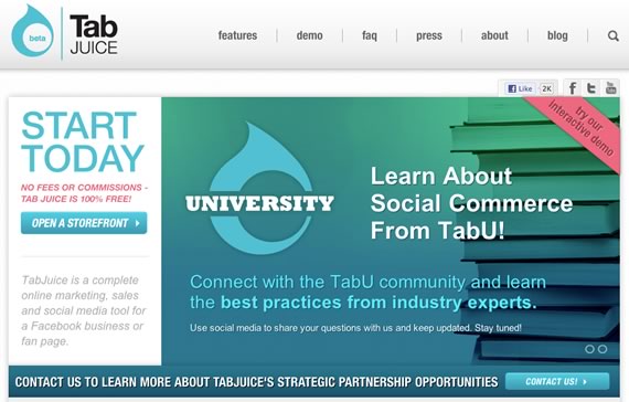 Vista previa del sitio Tabjuice, sistema de comercio electrónico para Facebook