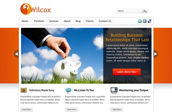 Vista previa de Wilcox: plantilla web para negocios en PSD con tonos anaranjados y blancos.