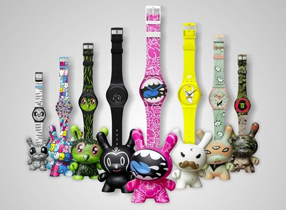 Muestrario de los ocho modelos de relojes pulsera Kidrobots de Swatch