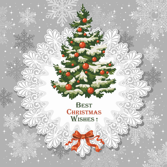 Modelo de tarjeta de navidad con marco redondo con puntilla y arbol de navidad con colores estilo retro, sobre fondo navideño gris.