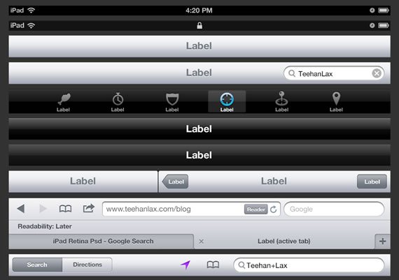 Vista previa de algunos de los elementos GUI para iPad