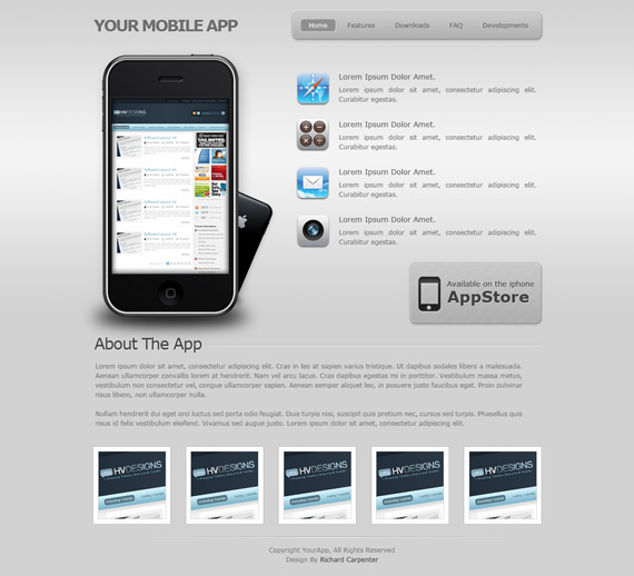Vista previa de plantilla para web de aplicación móvil