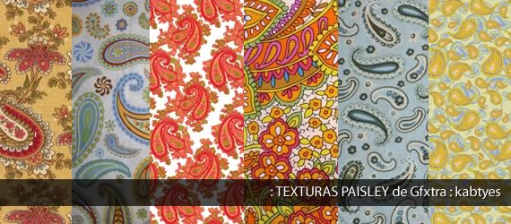 Muestrario de texturas con motivos paisley en varios colores